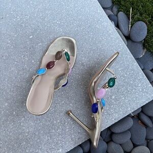 Gold Women's Sandals Gemstone Thong Heels